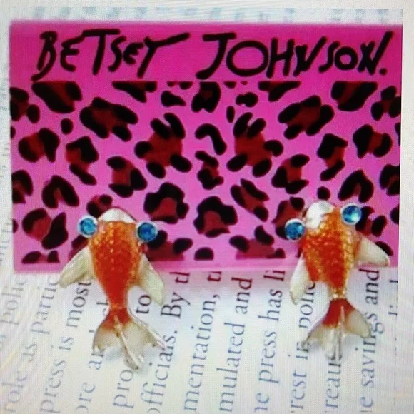 Betsy Johnson Goldfish Stud Earrings w/Rhinestone Accents - Picture 2 of 8